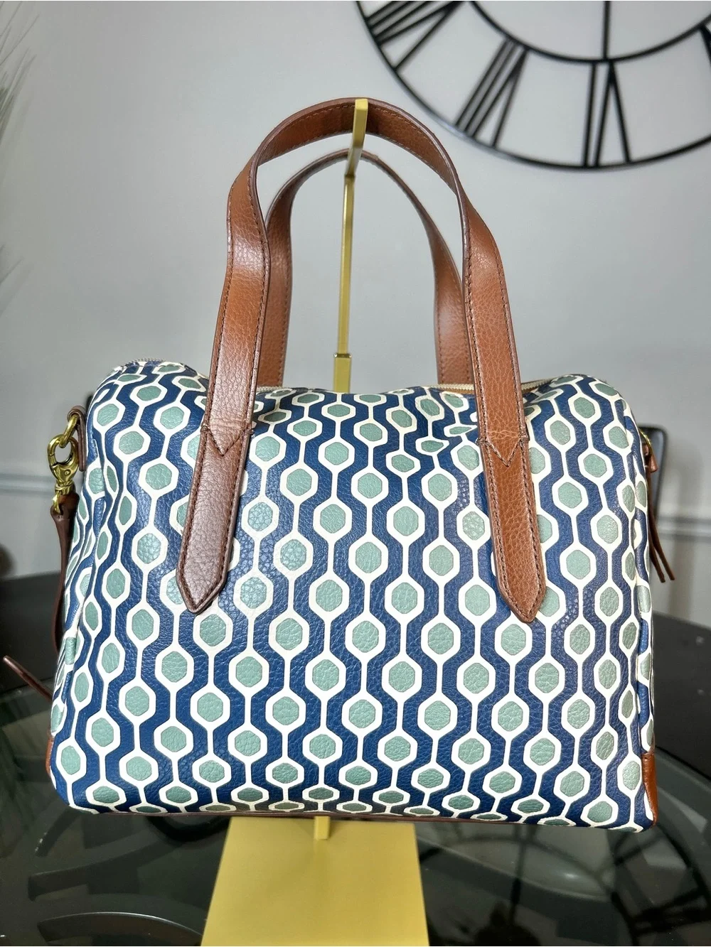 Fossil Geometric Print Satchel Shoulder Bag Blue Teal Coated Canvas Brown